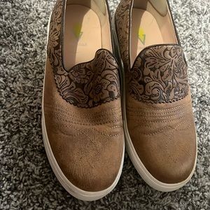 Volatile Brown Slip-On Shoes with Floral Design